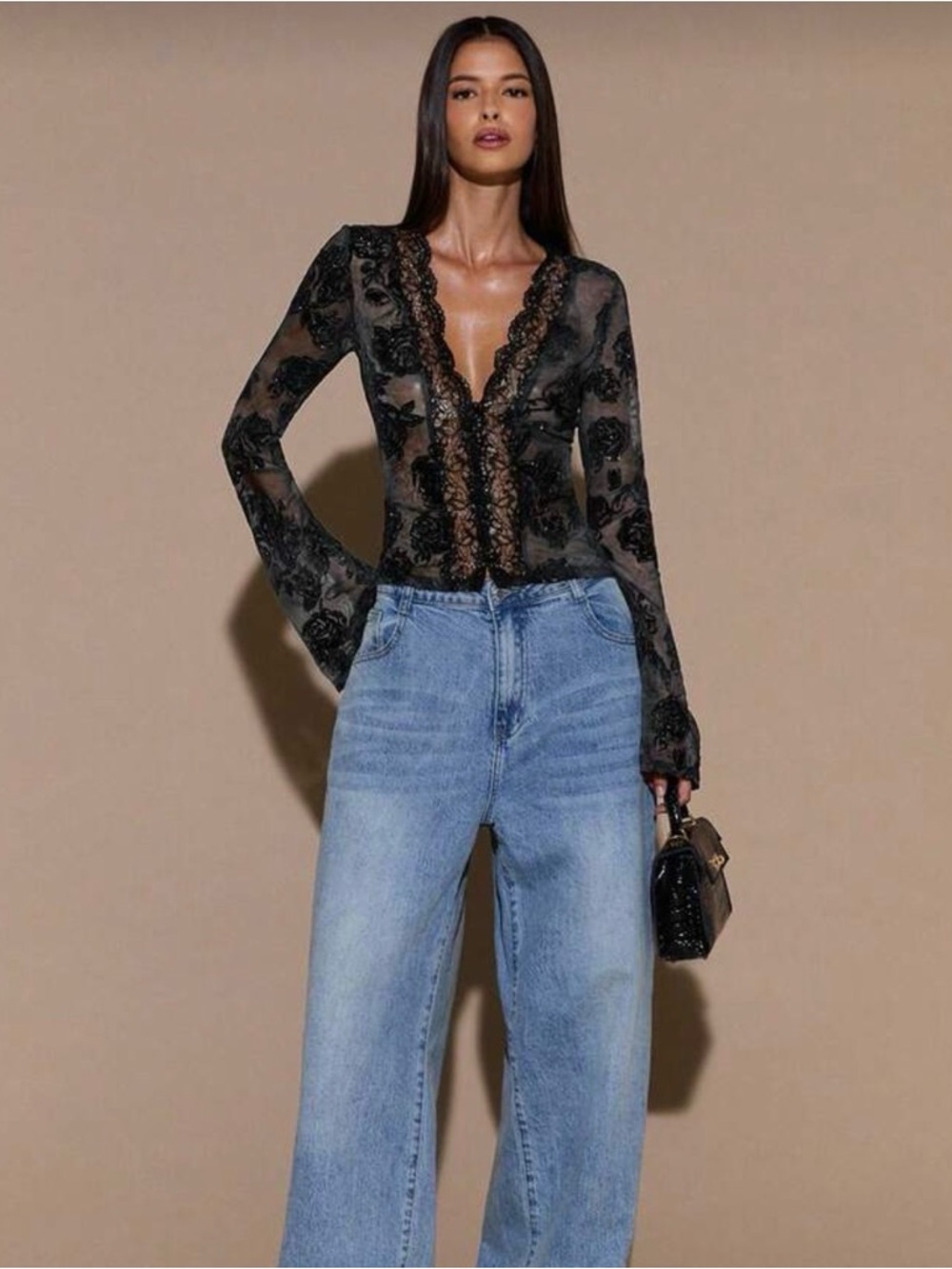 SHEIN Black Sheer Floral Lace V-Neck Top - Picture 2 of 5